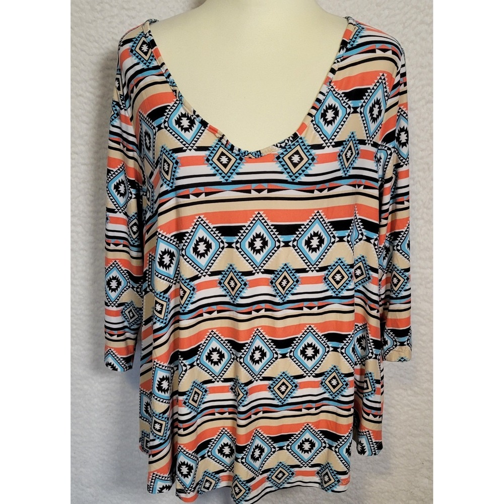 Eye Candy Womens Top Shirt Plus Size 2X Aztec Pullover 3/4 Sleeve 1524